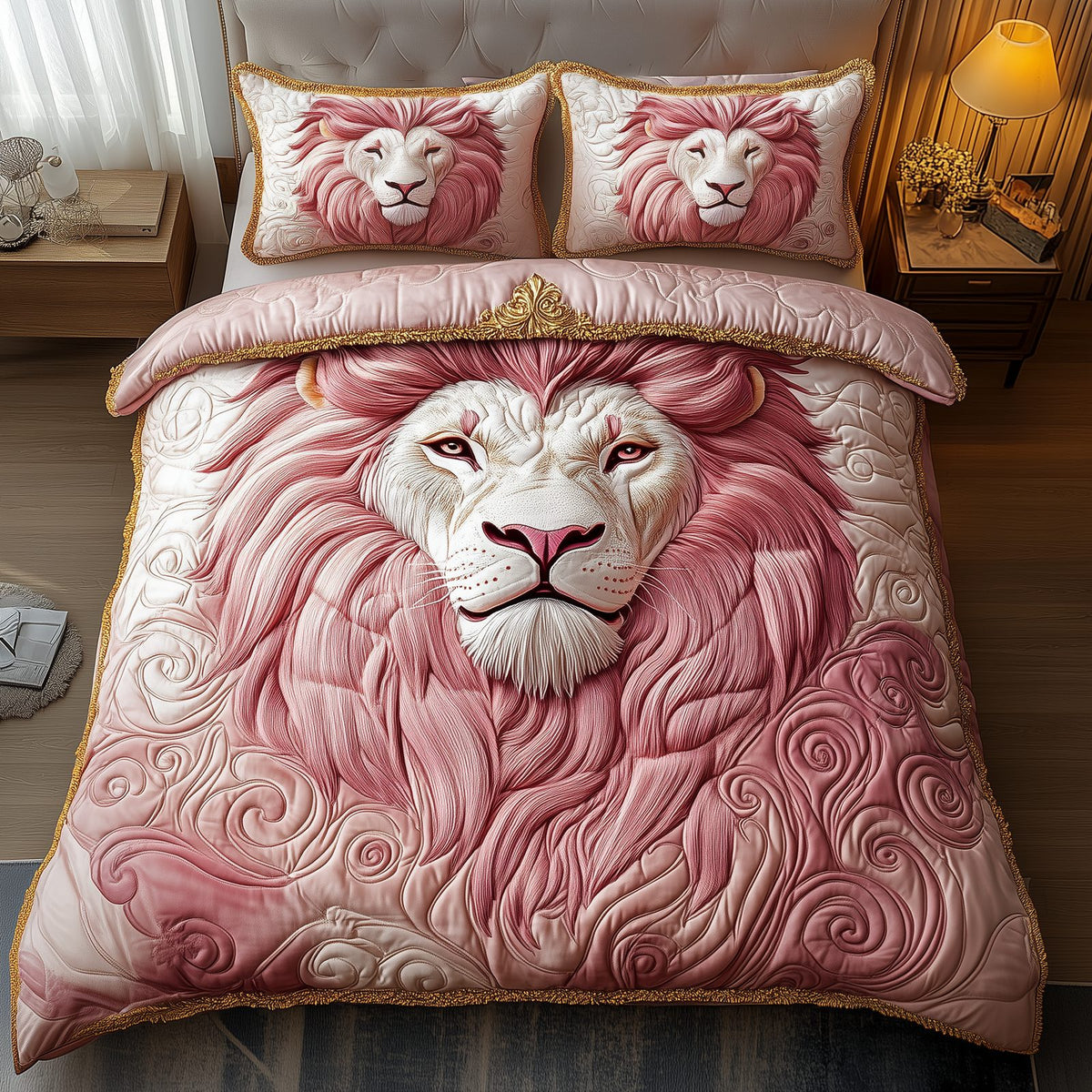 Pinky Majestic Lion quilted 3-piece bedding set on a made bed with two matching pillow shams