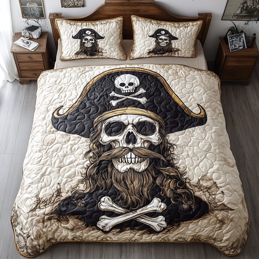 Pirate Curse quilted 3-piece bedding set on a made bed against a dark styled interior