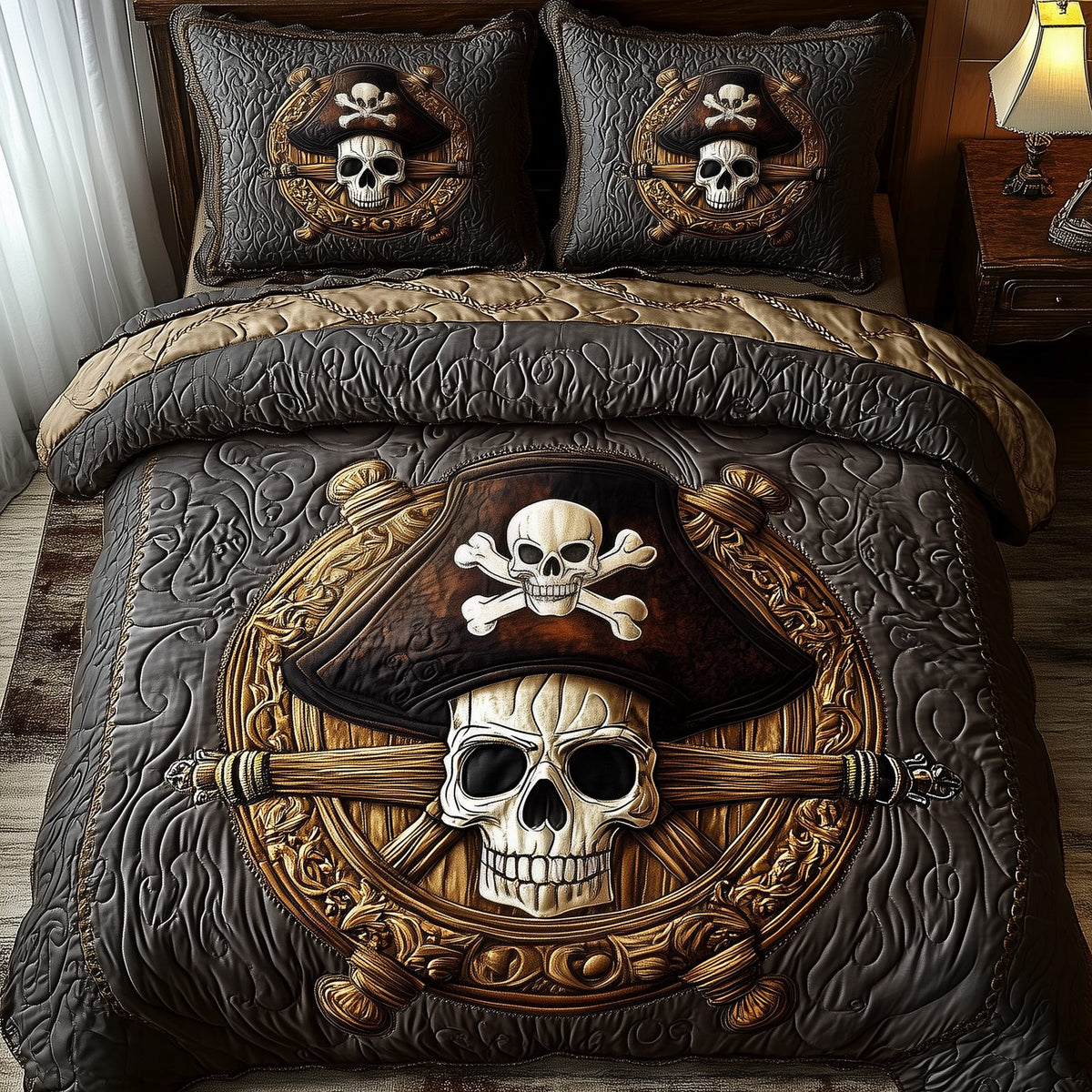 Pirate Skull quilted 3-piece bedding set on a made bed against a dark styled interior
