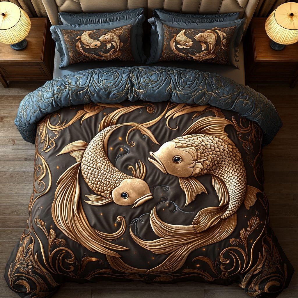 Pisces quilted 3-piece bedding set on a made bed with two matching pillow shams