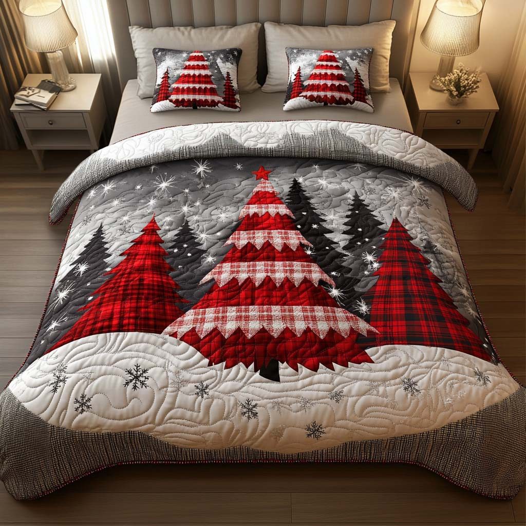 Plaid Bliss quilted 3-piece bedding set on a made bed in a farmhouse bedroom