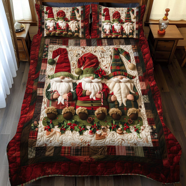 Plaid Gnome quilted 3-piece bedding set on a made bed in a winter-styled bedroom