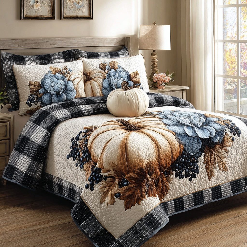 Plaid Pumpkin quilted 3-piece bedding set on a made bed against a dark styled interior