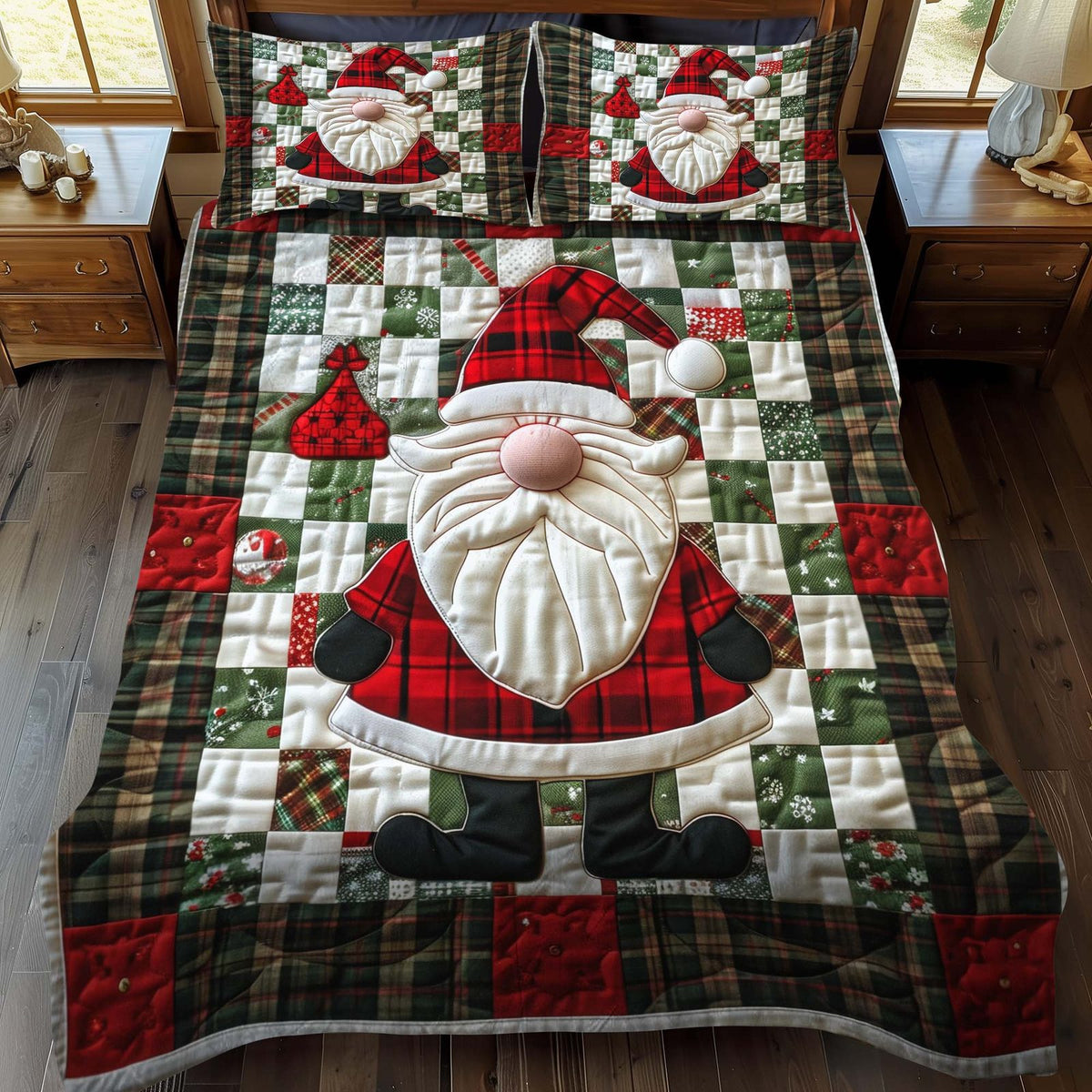 Plaid Santa quilted 3-piece bedding set on a made bed in a winter-styled bedroom