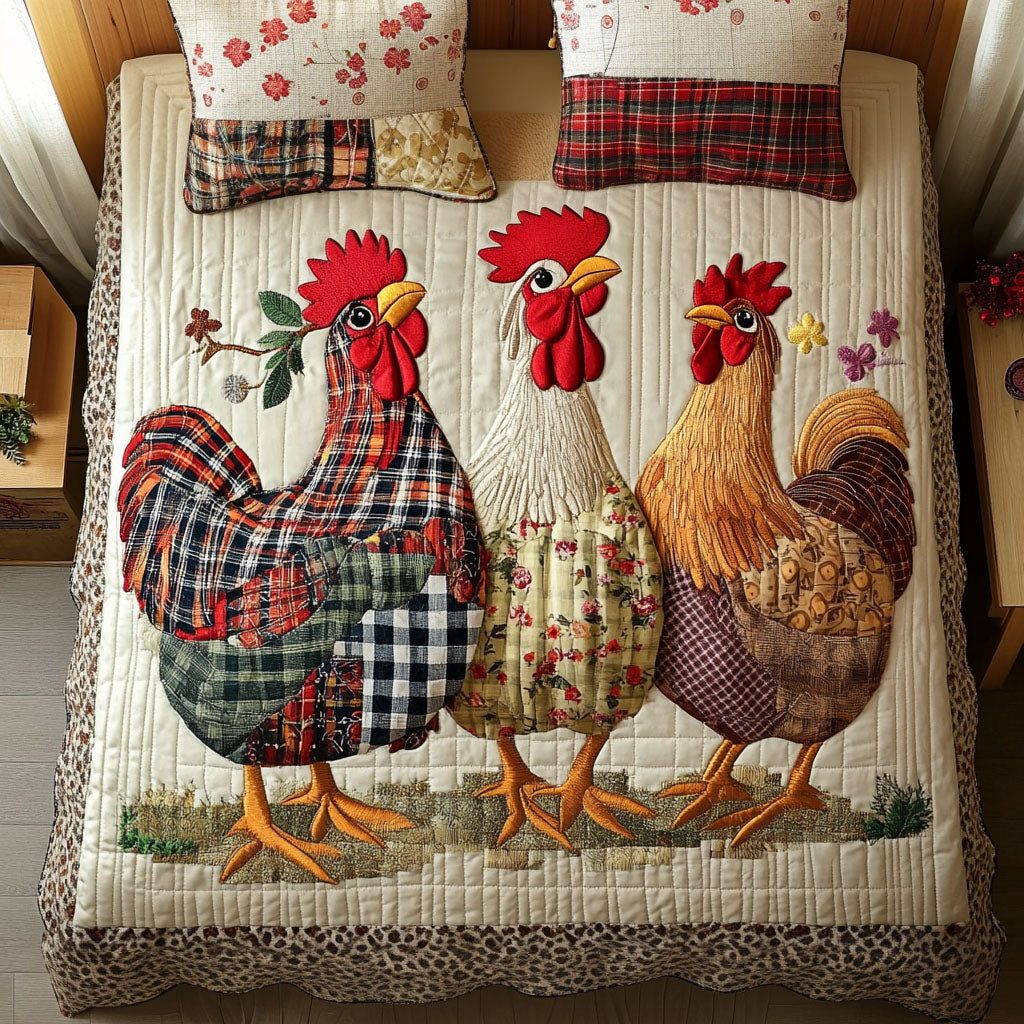Plaid Trio quilted 3-piece bedding set on a made bed in a farmhouse bedroom