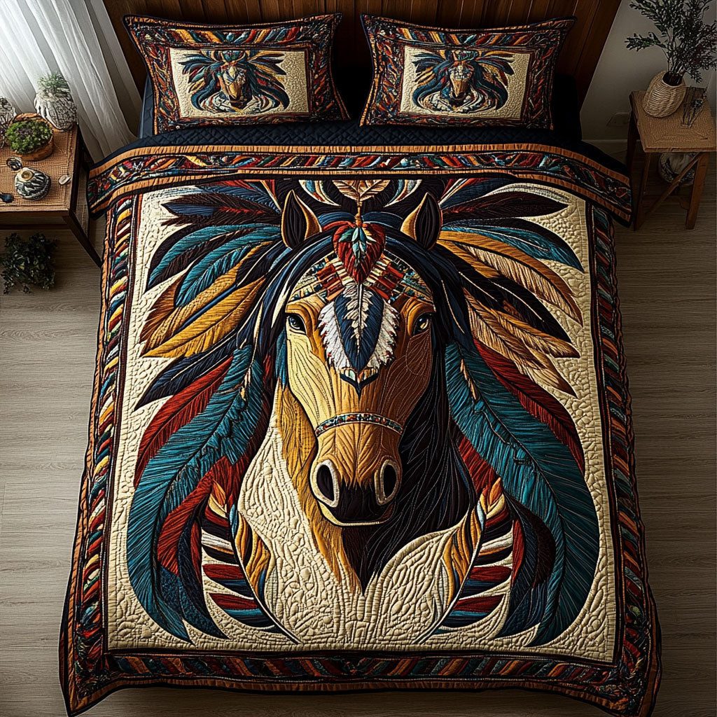 Plainskeepers quilted 3-piece bedding set on a made bed with two matching pillow shams