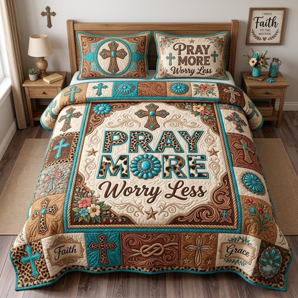 Play More Worry Less quilted 3-piece bedding set on a made bed with two matching pillow shams