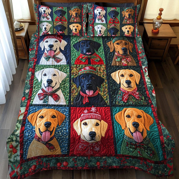 Playful Christmas Labrador quilted 3-piece bedding set on a made bed in a winter-styled bedroom
