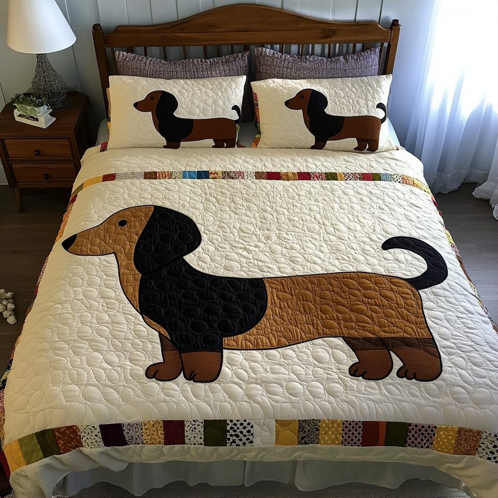 Playful Dachshund quilted 3-piece bedding set on a made bed with two matching pillow shams