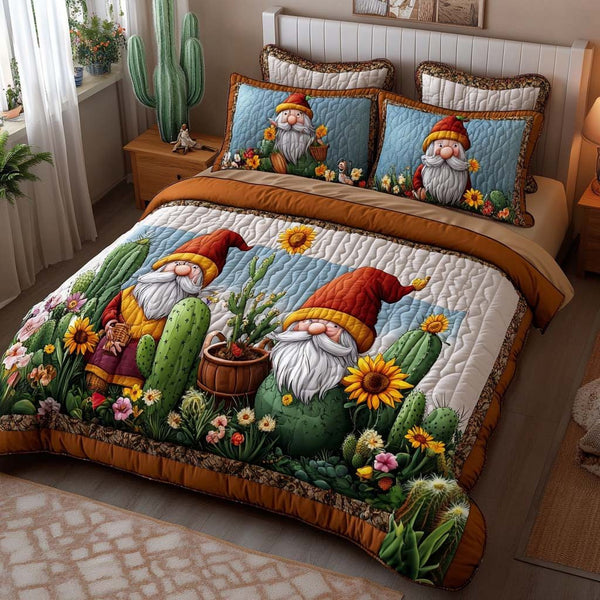 Playful Gnome Life quilted 3-piece bedding set on a made bed in a winter-styled bedroom