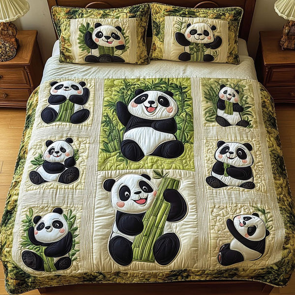 Playful Panda Garden quilted 3-piece bedding set on a made bed with two matching pillow shams