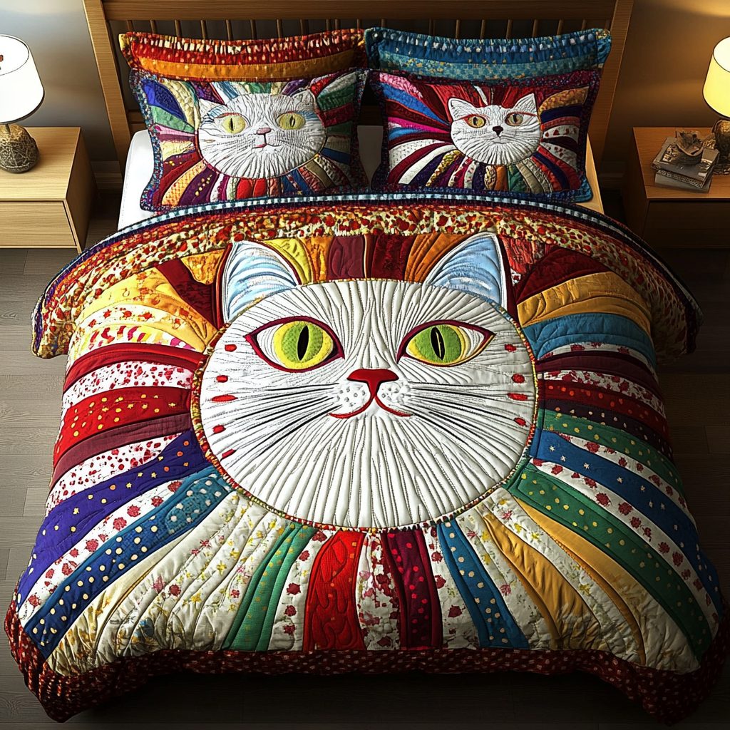 Playful Paws quilted 3-piece bedding set on a made bed with two matching pillow shams
