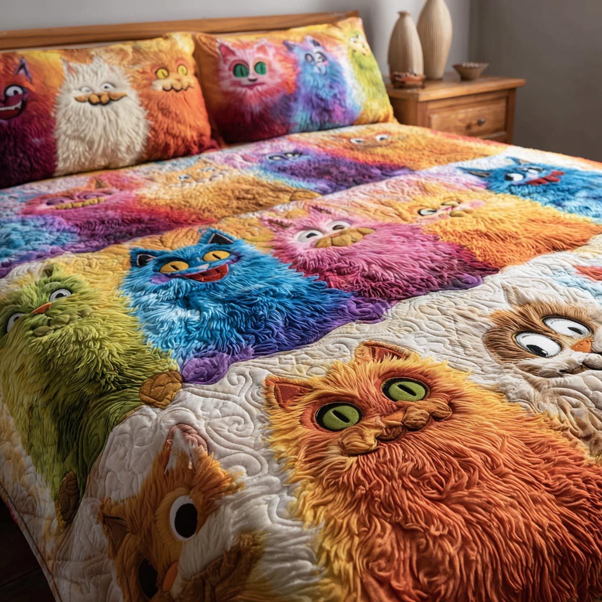 Playful Paws quilted 3-piece bedding set on a made bed with two matching pillow shams