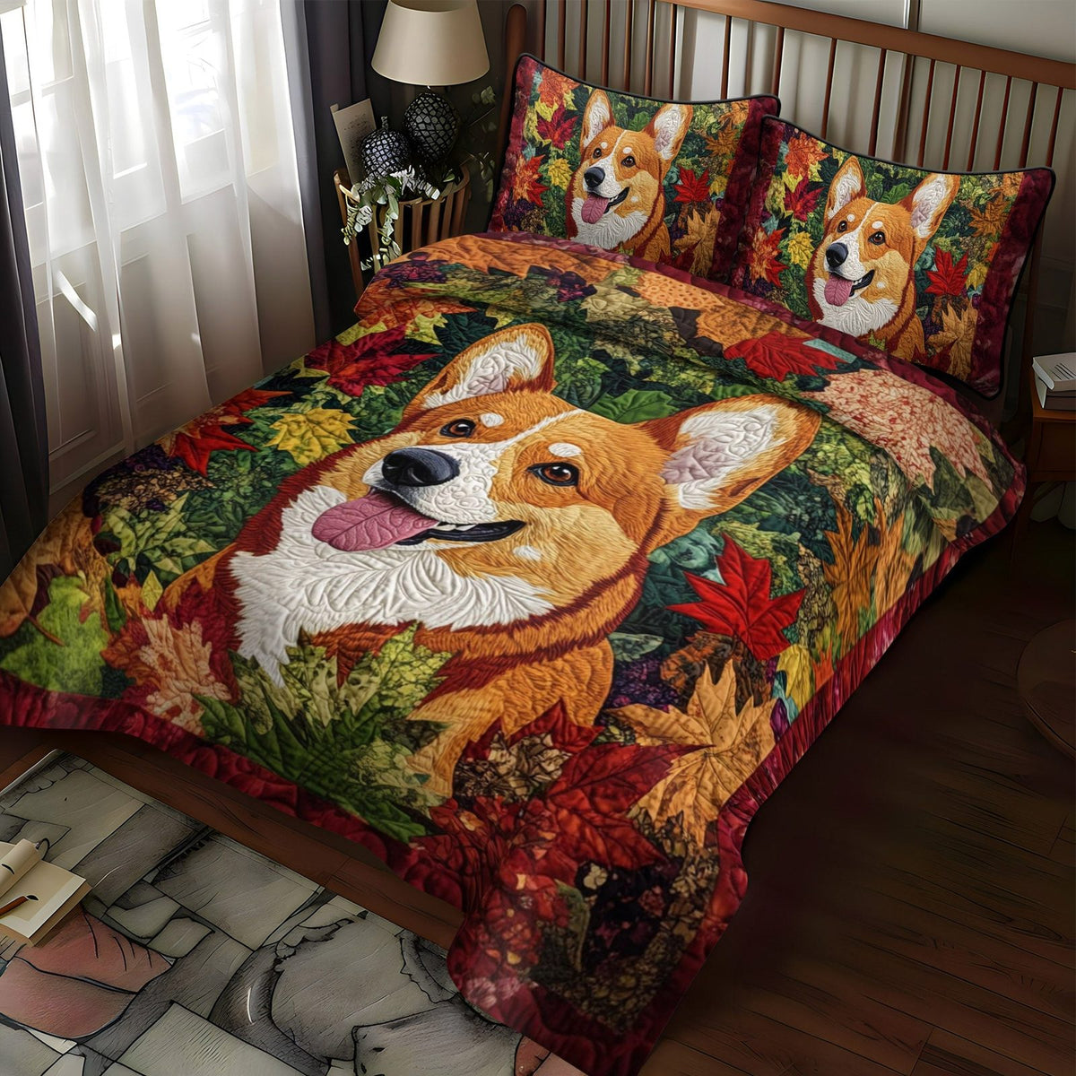 Playful Paws quilted 3-piece bedding set on a made bed with two matching pillow shams