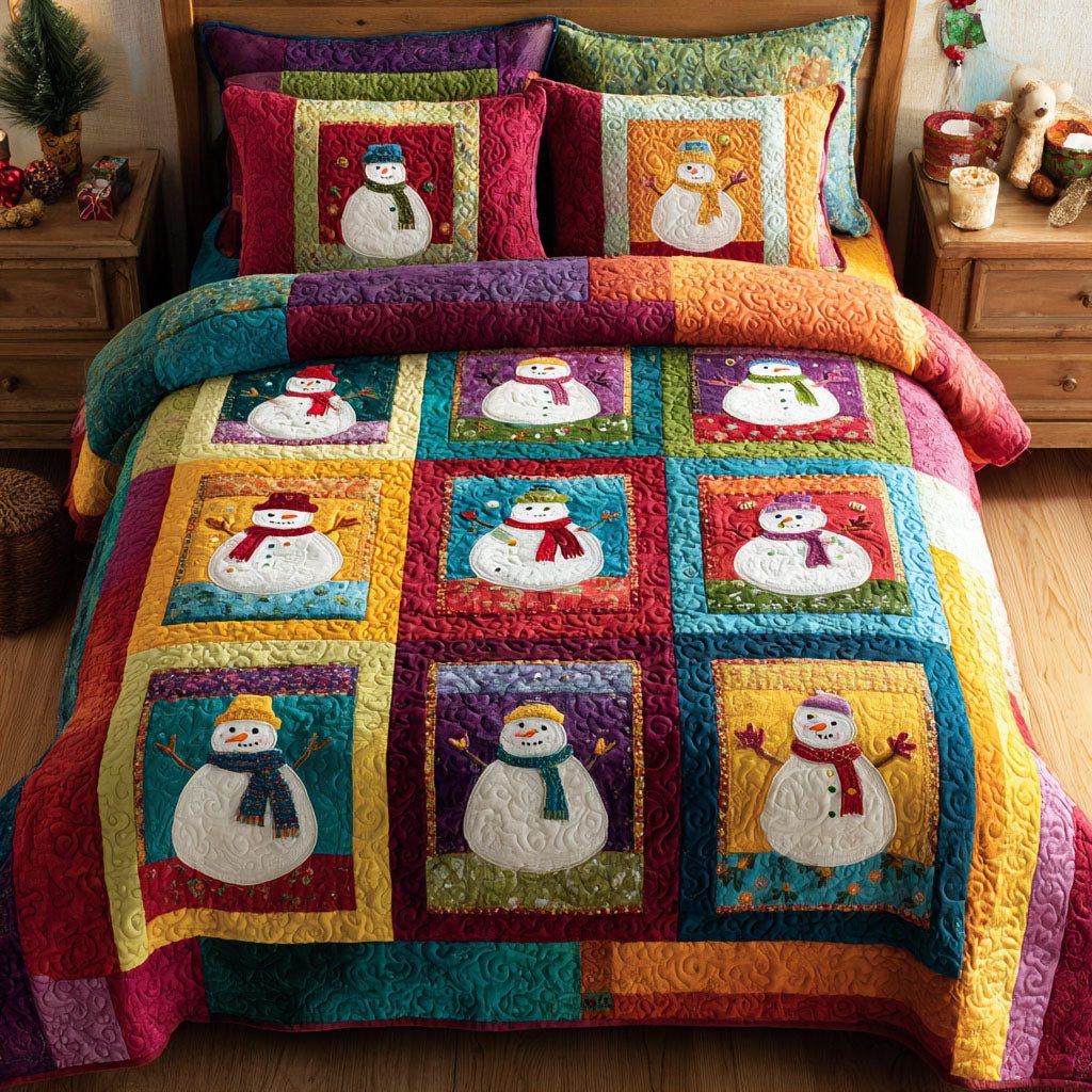 Playful Penguins quilted 3-piece bedding set on a made bed with two matching pillow shams
