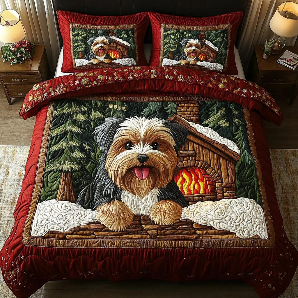 Playful Pup quilted 3-piece bedding set on a made bed with two matching pillow shams