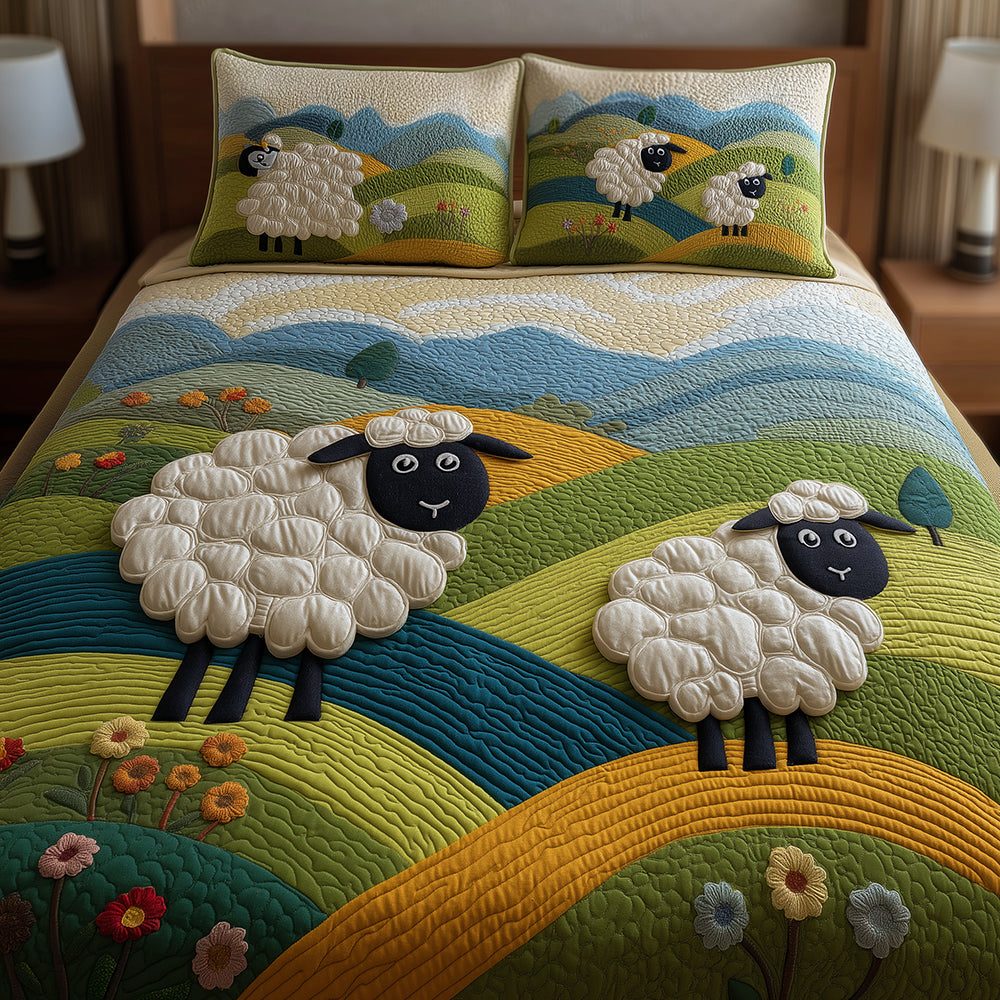 Playful Sheep quilted 3-piece bedding set on a made bed with two matching pillow shams