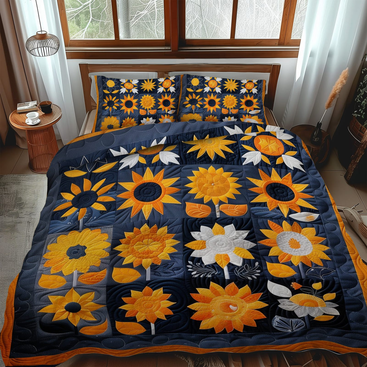 Playful Sunflowers quilted 3-piece bedding set on a made bed with two matching pillow shams