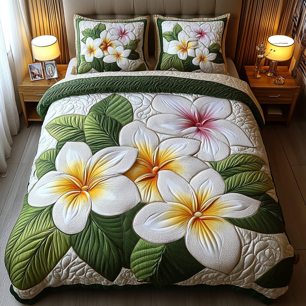 Plumeria Bloom quilted 3-piece bedding set on a made bed with two matching pillow shams