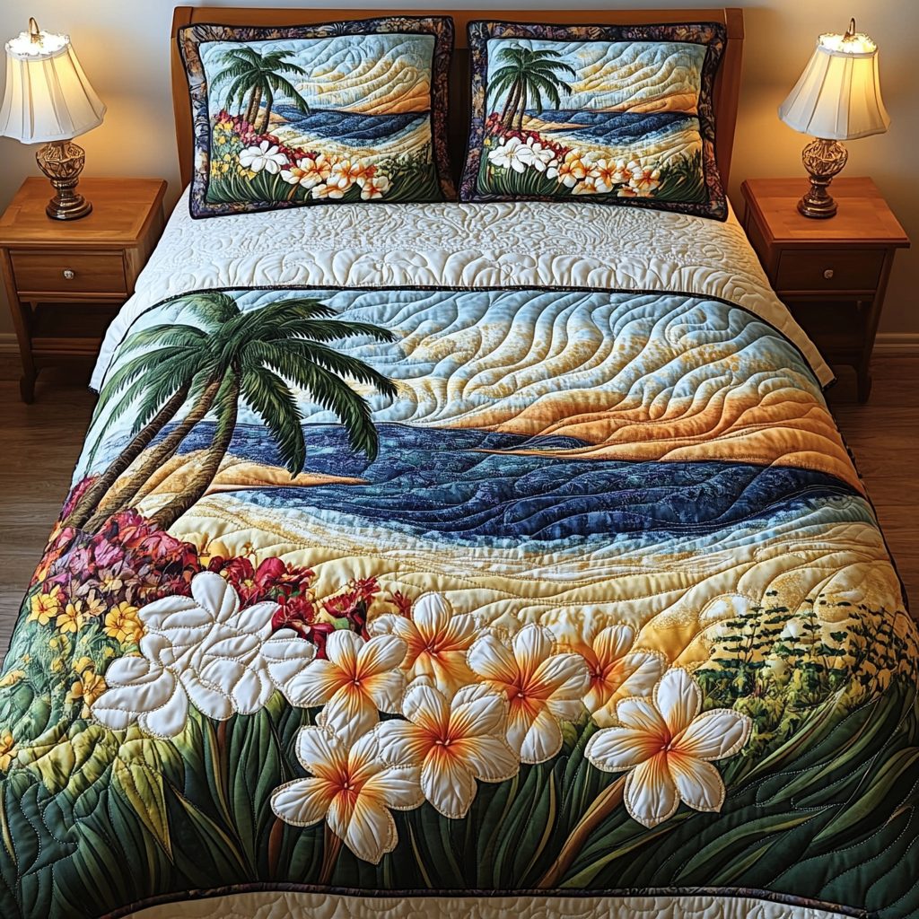 Plumeria Glow quilted 3-piece bedding set on a made bed with two matching pillow shams