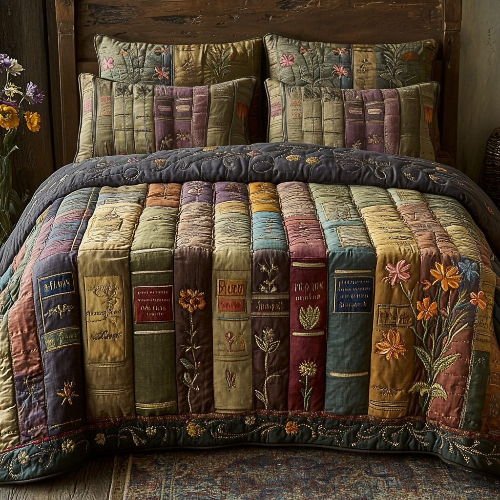 Poetic Dreams quilted 3-piece bedding set on a made bed with two matching pillow shams