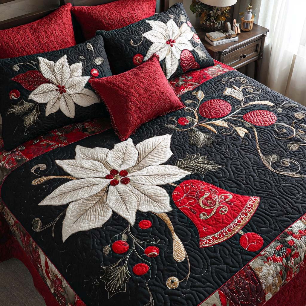 Poinsettia Bells quilted 3-piece bedding set on a made bed in a winter-styled bedroom