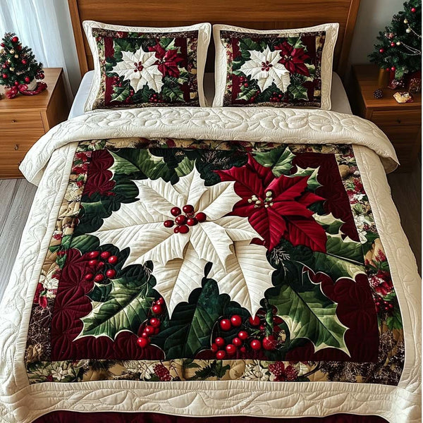 Poinsettia Charm quilted 3-piece bedding set on a made bed in a winter-styled bedroom