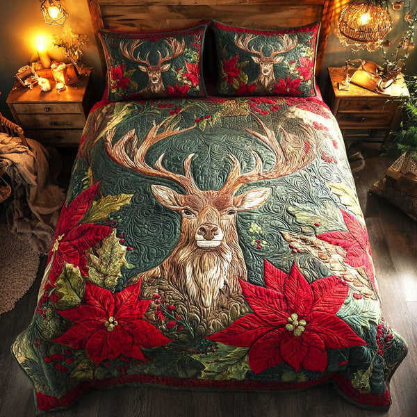Poinsettia Glow quilted 3-piece bedding set on a made bed in a winter-styled bedroom