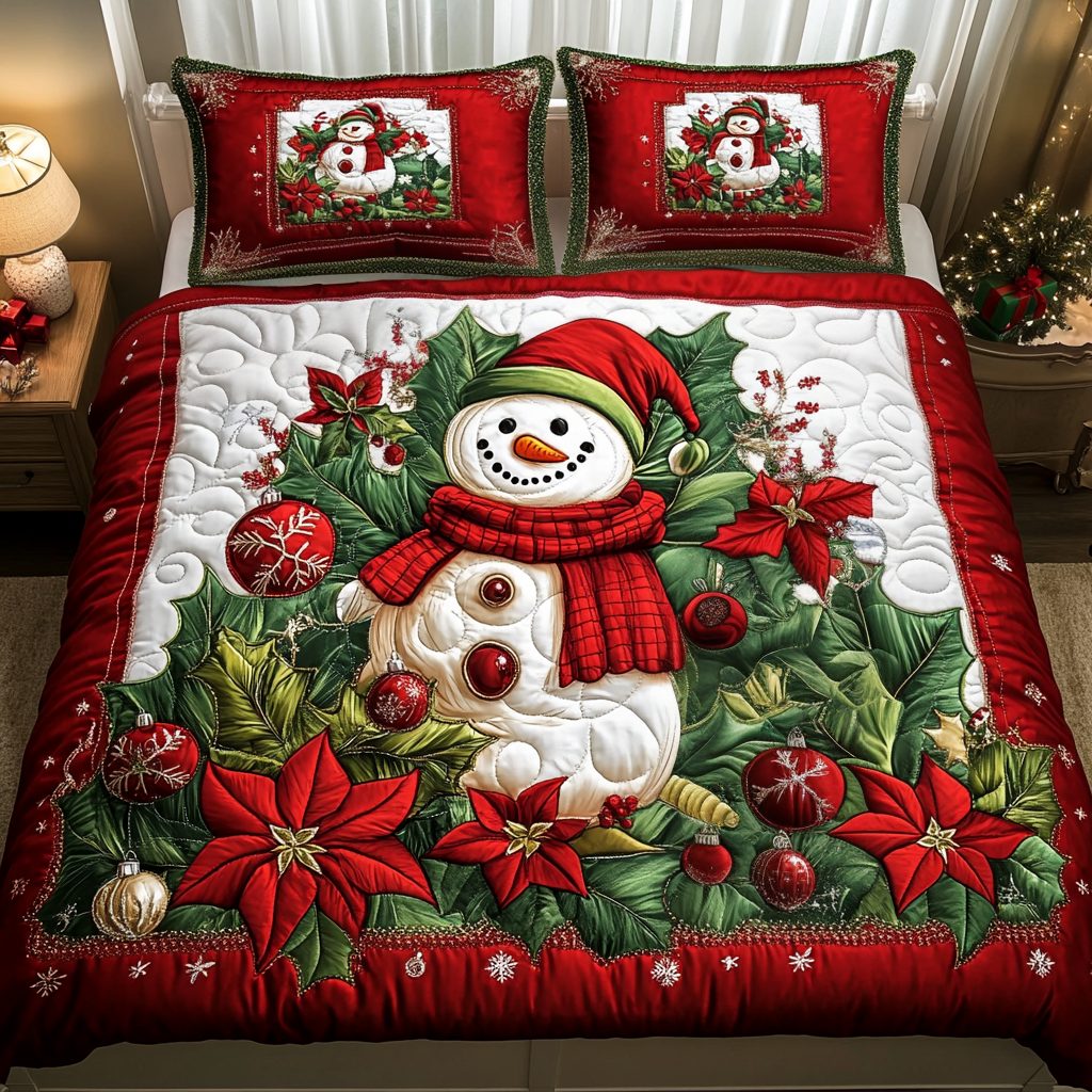 Poinsettia Glow quilted 3-piece bedding set on a made bed in a winter-styled bedroom