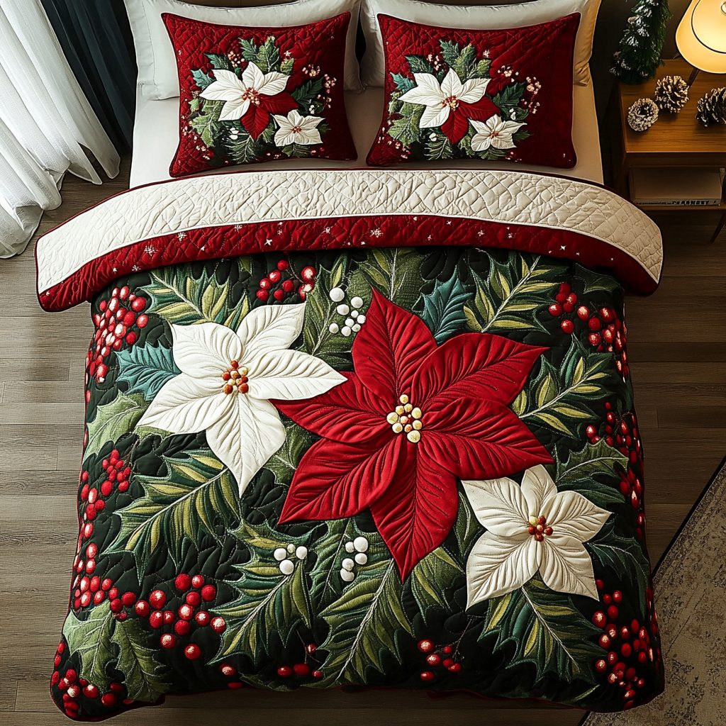 Poinsettia Joy quilted 3-piece bedding set on a made bed in a winter-styled bedroom