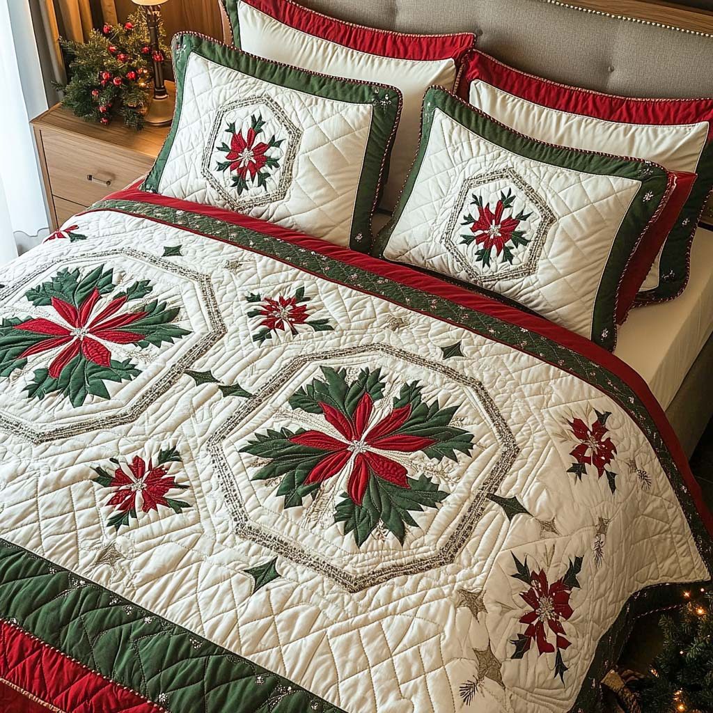 Poinsettia Medallion quilted 3-piece bedding set on a made bed in a winter-styled bedroom