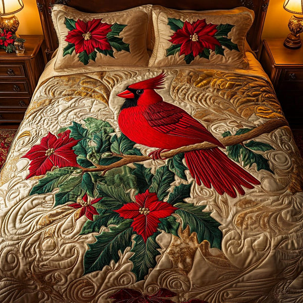 Poinsettia Perch quilted 3-piece bedding set on a made bed in a winter-styled bedroom