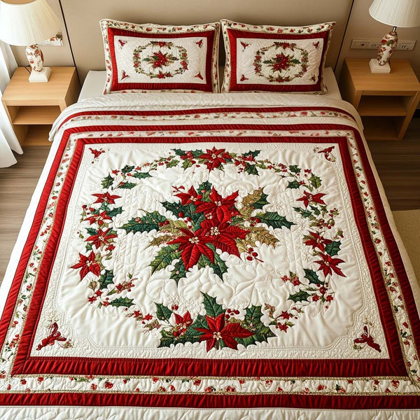 Poinsettia Spirit quilted 3-piece bedding set on a made bed in a winter-styled bedroom