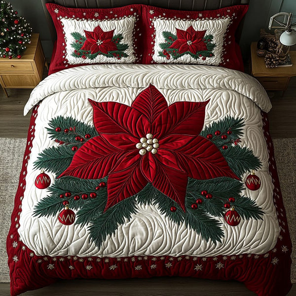 Poinsettia Star quilted 3-piece bedding set on a made bed in a winter-styled bedroom