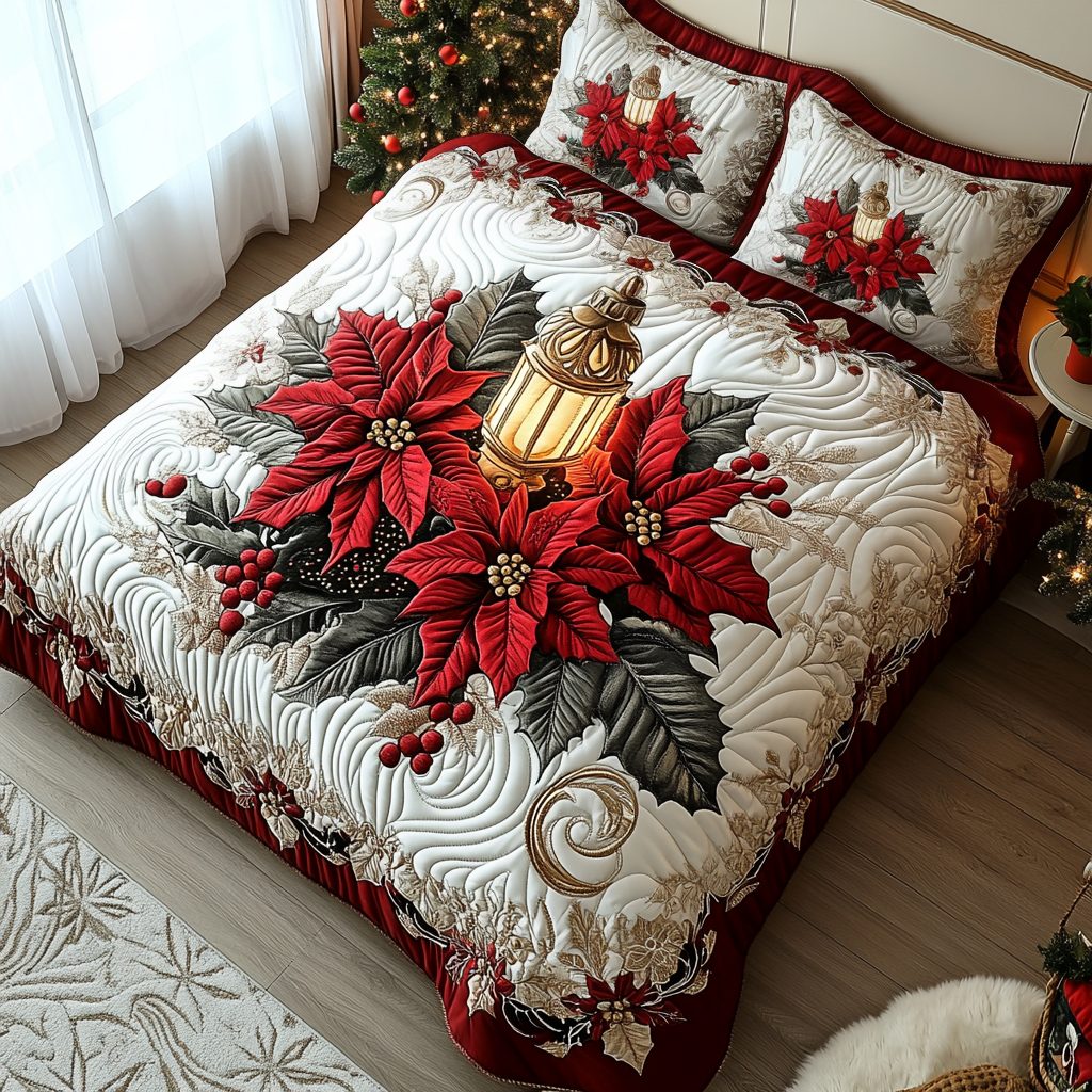 Poinsettia Warmth quilted 3-piece bedding set on a made bed in a winter-styled bedroom