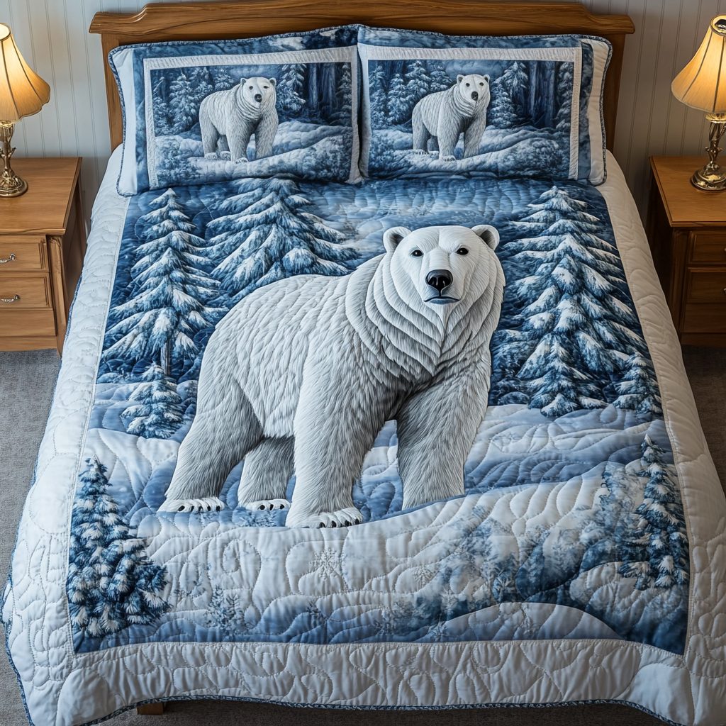 Polar Glow quilted 3-piece bedding set on a made bed with two matching pillow shams