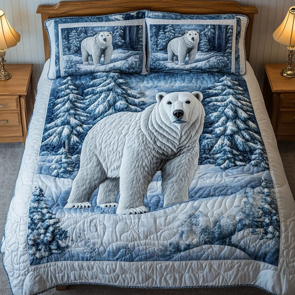 Polar Glow quilted 3-piece bedding set on a made bed with two matching pillow shams