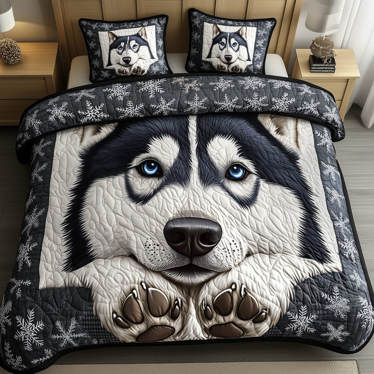 Polar Guardian Bliss quilted 3-piece bedding set on a made bed with two matching pillow shams
