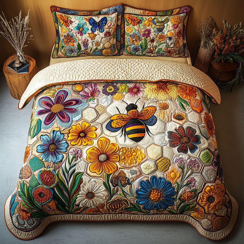 Pollen Trail quilted 3-piece bedding set on a made bed with two matching pillow shams