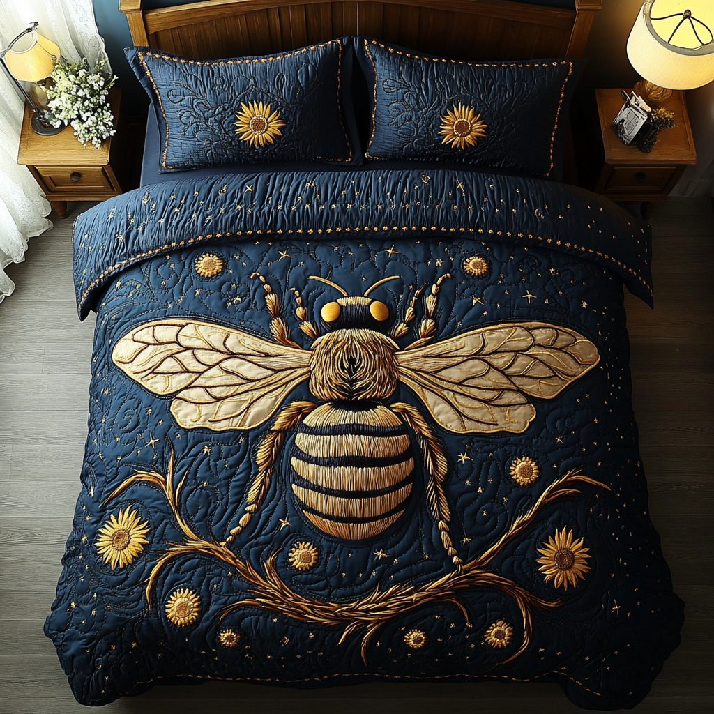 Pollinator Charm quilted 3-piece bedding set on a made bed with two matching pillow shams
