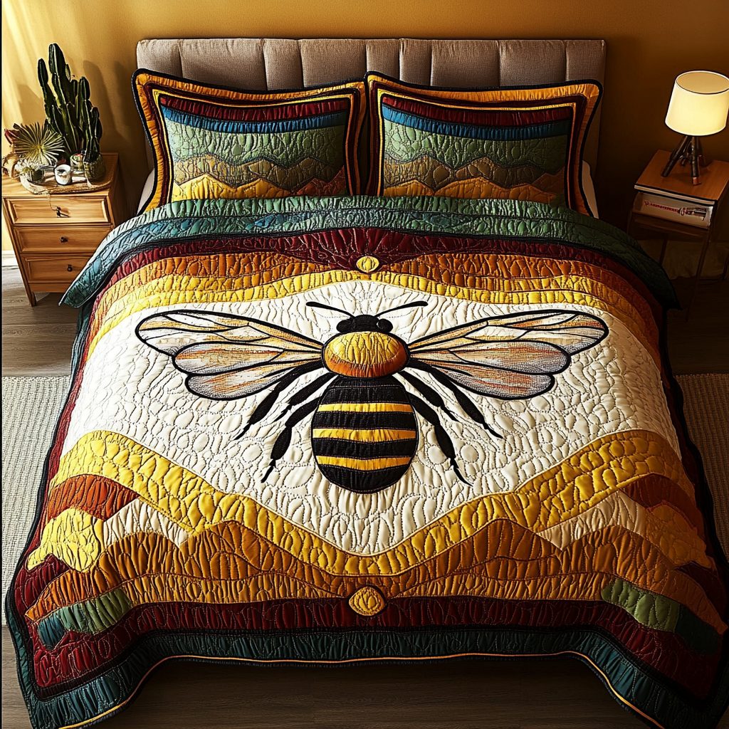 Pollinator Charm quilted 3-piece bedding set on a made bed with two matching pillow shams