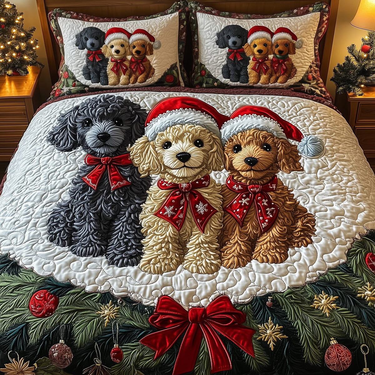Poodle Family quilted 3-piece bedding set on a made bed with two matching pillow shams