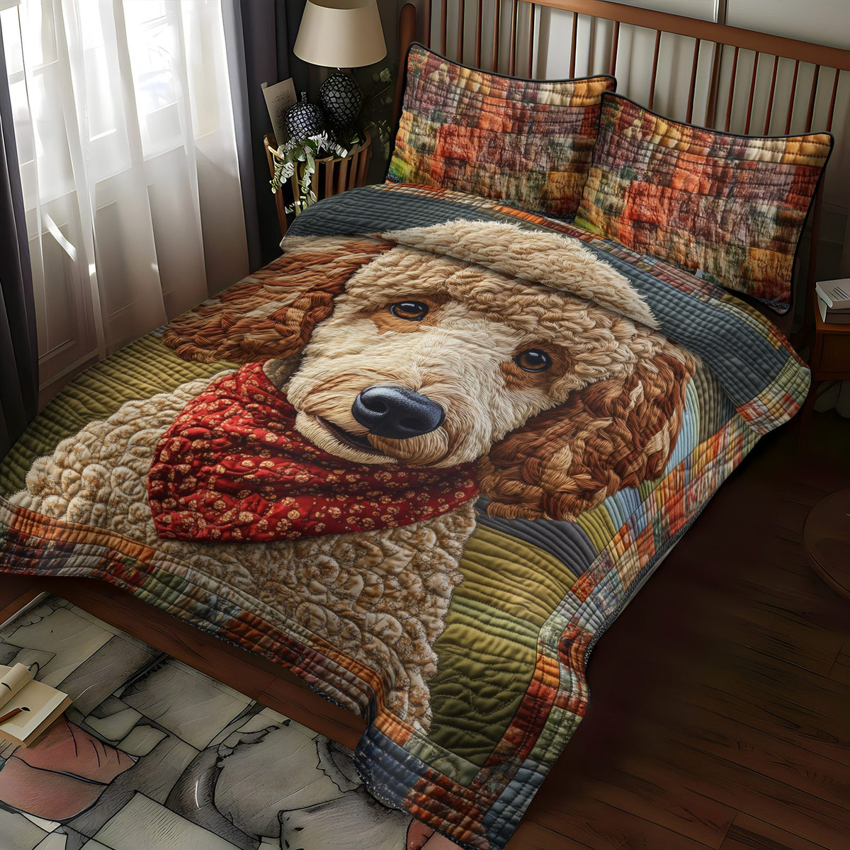 Poodle Pizzazz quilted 3-piece bedding set on a made bed with two matching pillow shams