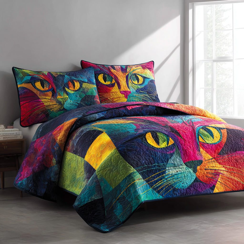 Pop Art quilted 3-piece bedding set on a made bed with two matching pillow shams