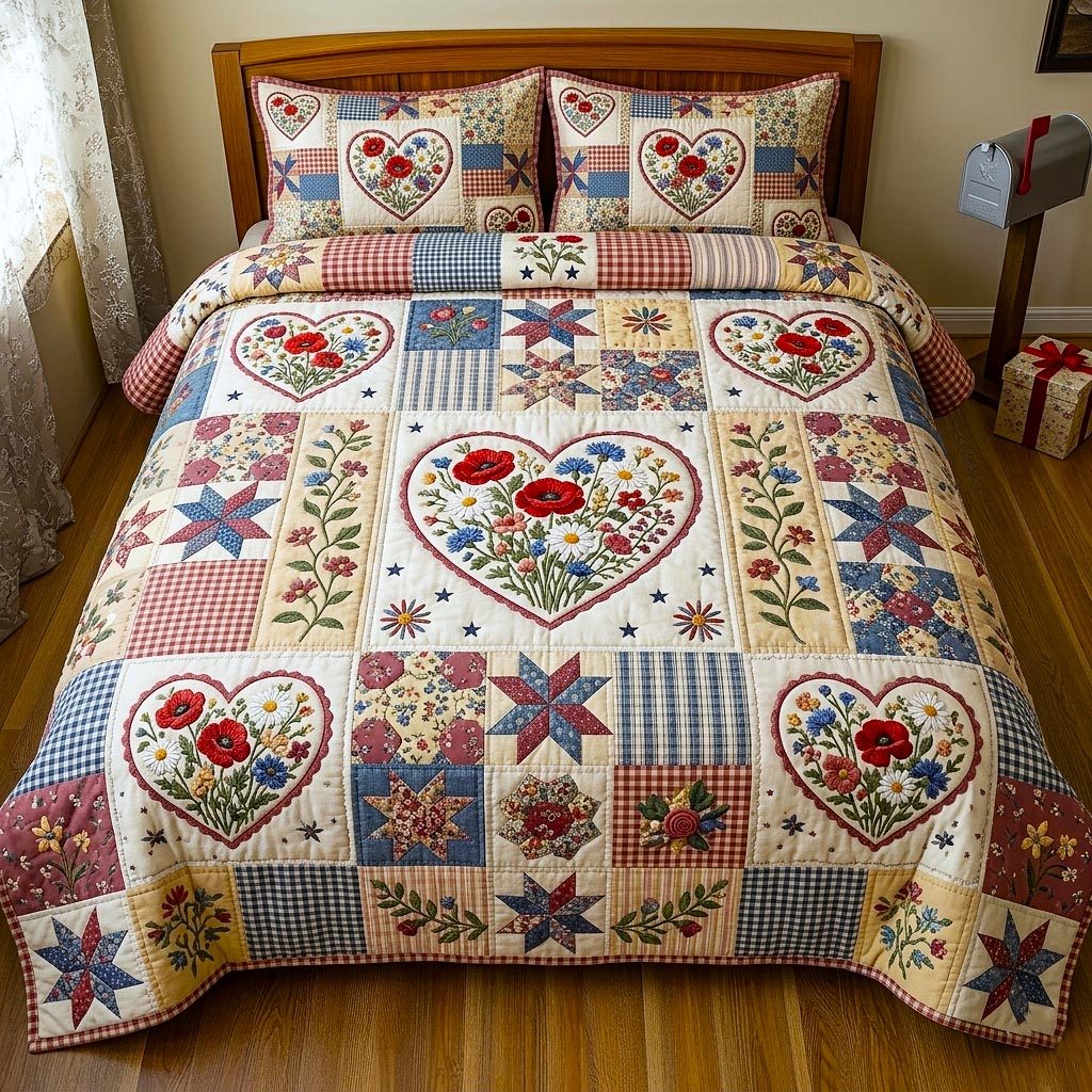 Poppy Bloom quilted 3-piece bedding set on a made bed with two matching pillow shams