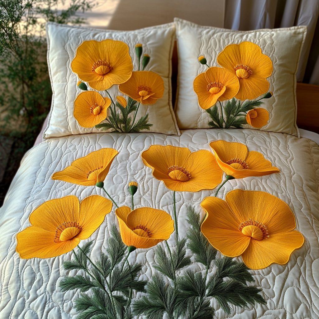 Poppy Majesty quilted 3-piece bedding set on a made bed with two matching pillow shams