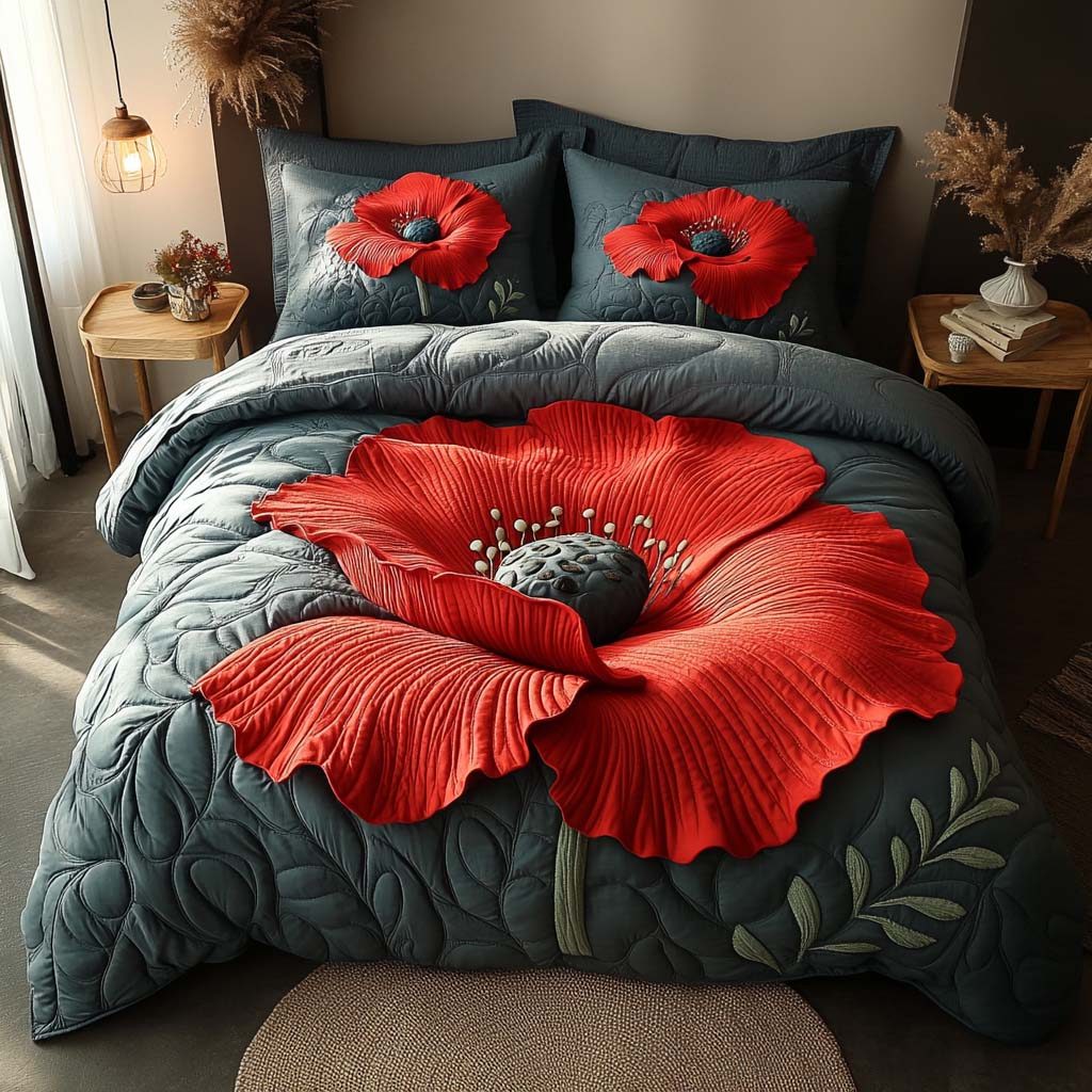 Poppy Twilight quilted 3-piece bedding set on a made bed with two matching pillow shams