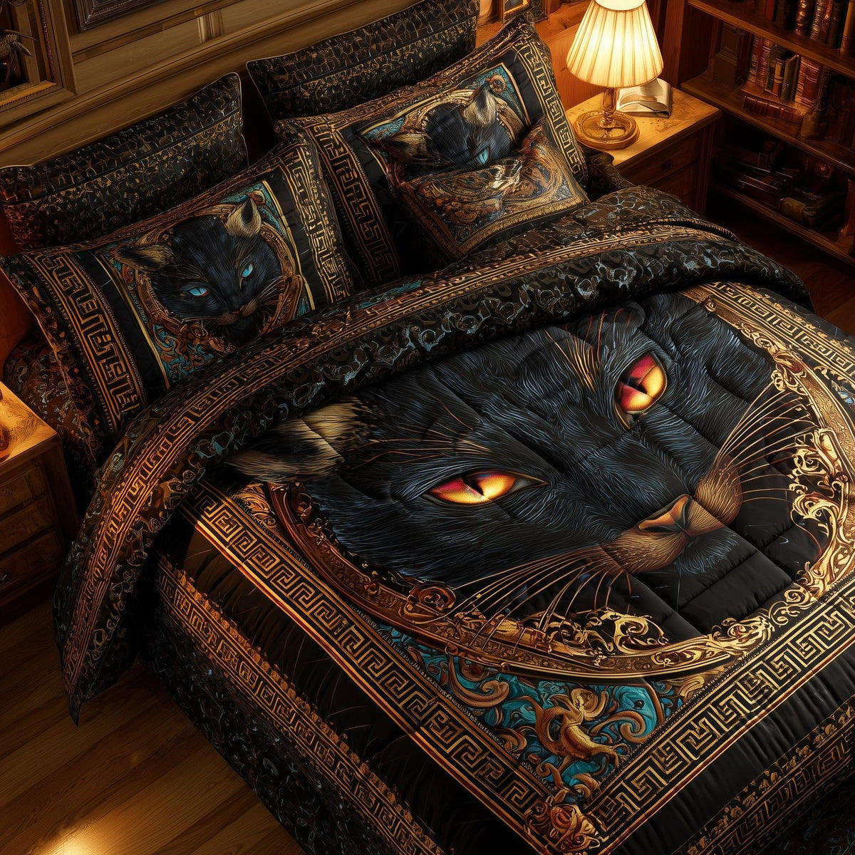 Powerful Cat quilted 3-piece bedding set on a made bed with two matching pillow shams