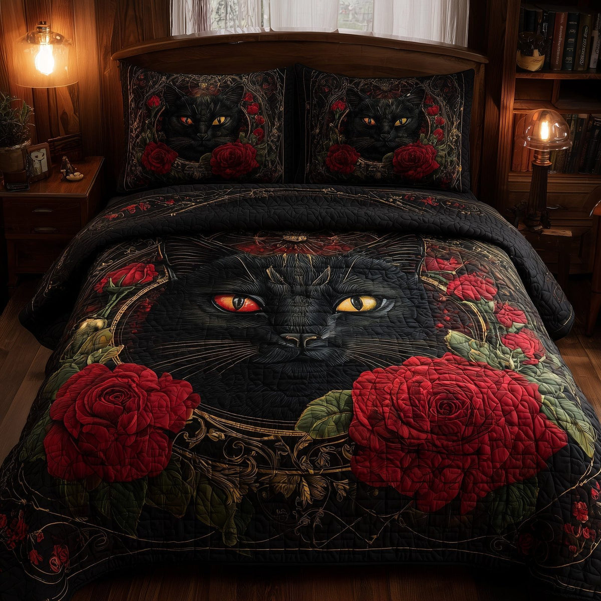 Powerful Cat quilted 3-piece bedding set on a made bed with two matching pillow shams