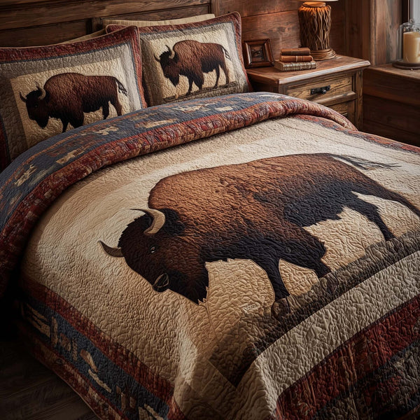Prairie Bison quilted 3-piece bedding set on a made bed in a rustic timber bedroom